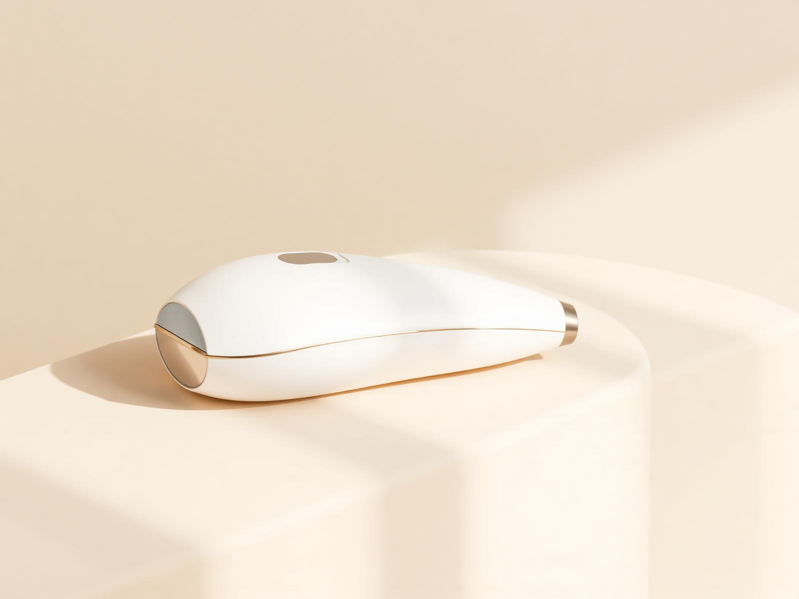 A minimalist aesthetic device resting on a warm off-white surface.