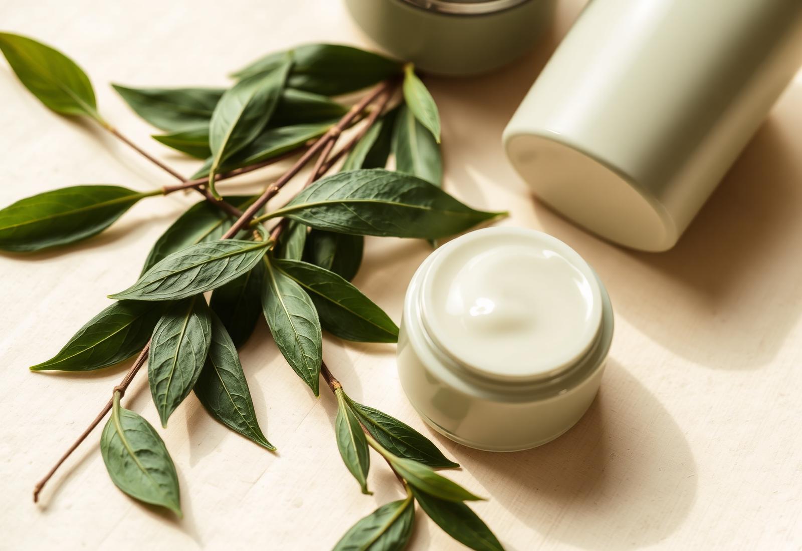 Botanical leaves and ceramic skincare vessels on a warm linen surface.