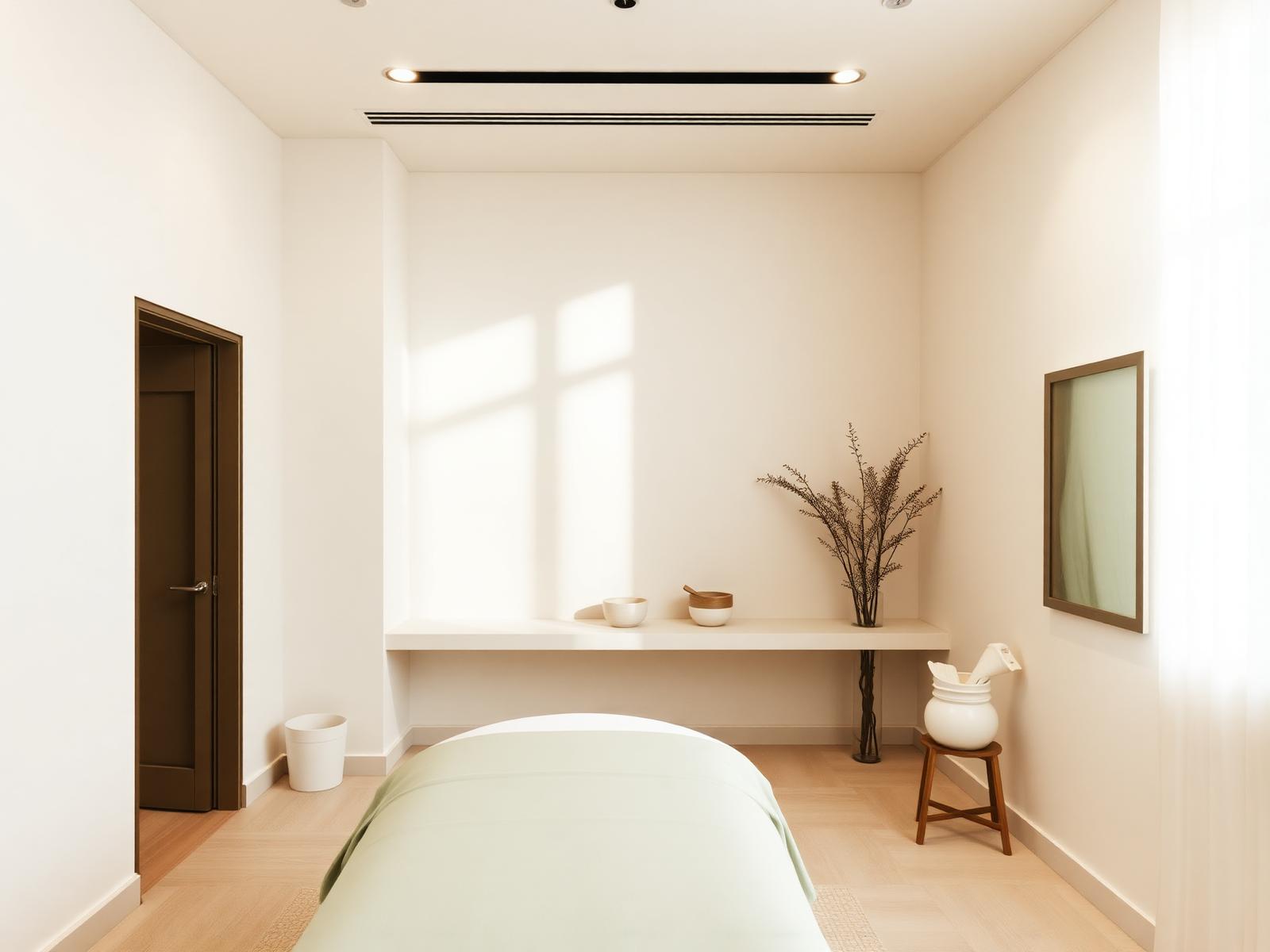 A minimalist Korean aesthetic studio with soft natural light and warm off-white walls.